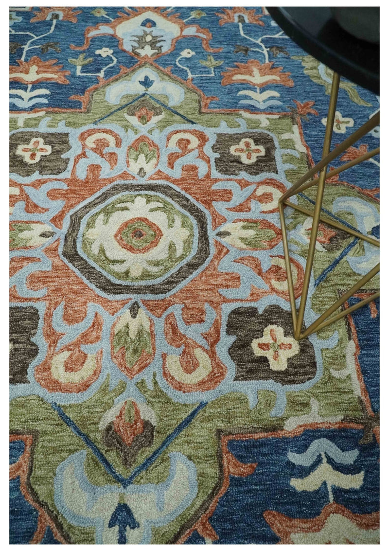 Traditional floral Dark Peach, Green and Blue Medallion Hand Tufted Multi size wool area Rug - The Rug Decor