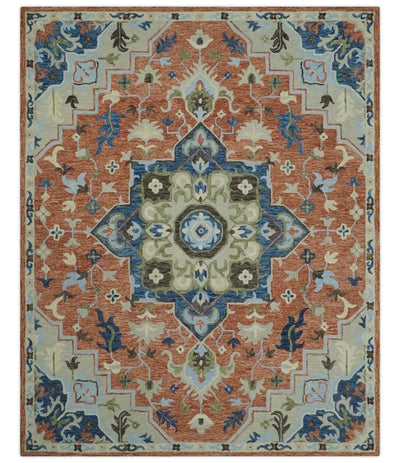 Traditional floral Dark Peach, Silver, Blue and Green Medallion Hand Tufted Multi size wool area Rug - The Rug Decor