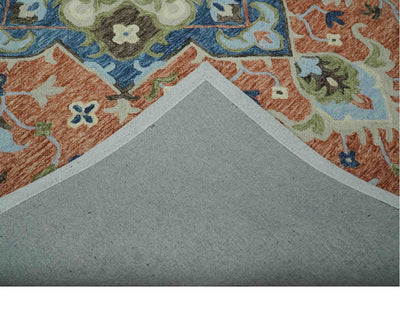 Traditional floral Dark Peach, Silver, Blue and Green Medallion Hand Tufted Multi size wool area Rug - The Rug Decor