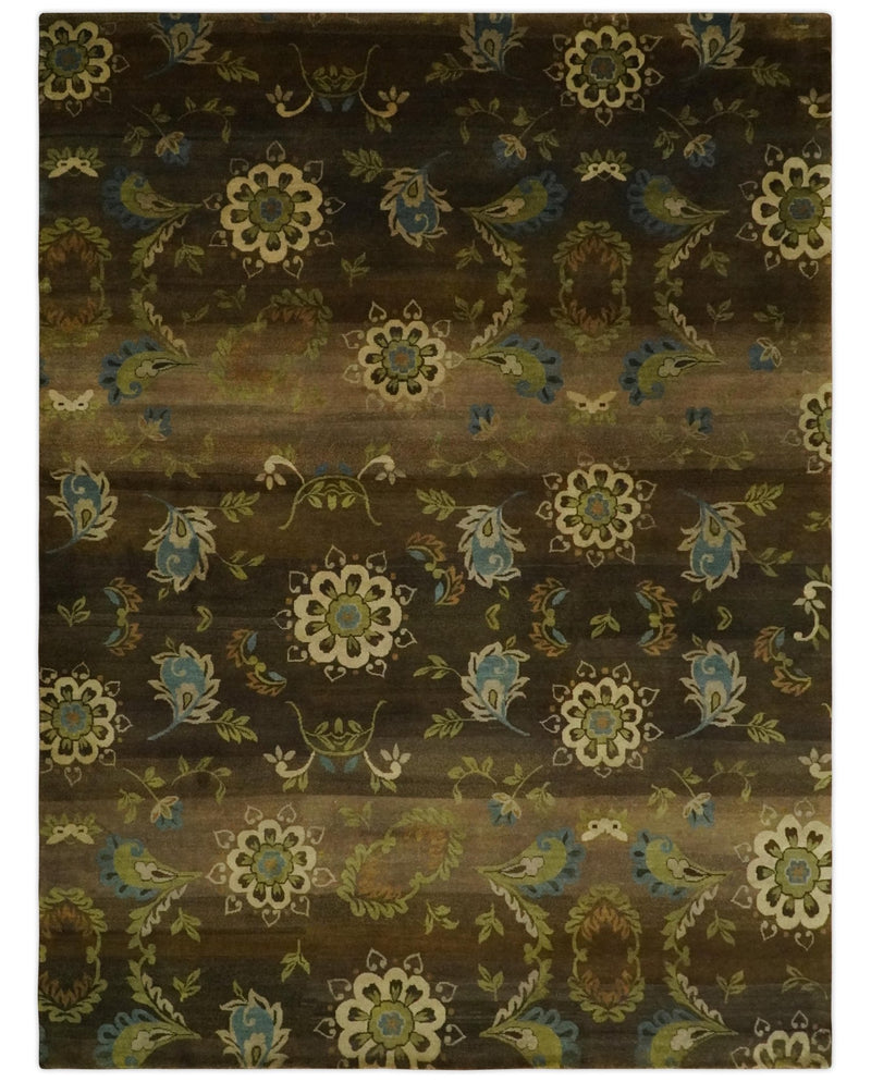 Traditional Floral Green, Beige, Brown and Teal Fine Hand knotted wool Area Rug - The Rug Decor