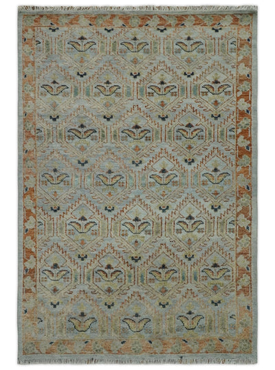 Traditional Floral Ikat Design Silver, Rust and Green Hand knotted 6x9 wool Area Rug - The Rug Decor