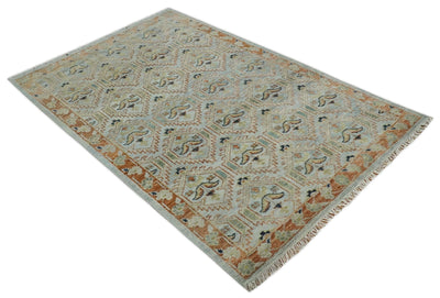 Traditional Floral Ikat Design Silver, Rust and Green Hand knotted 6x9 wool Area Rug - The Rug Decor