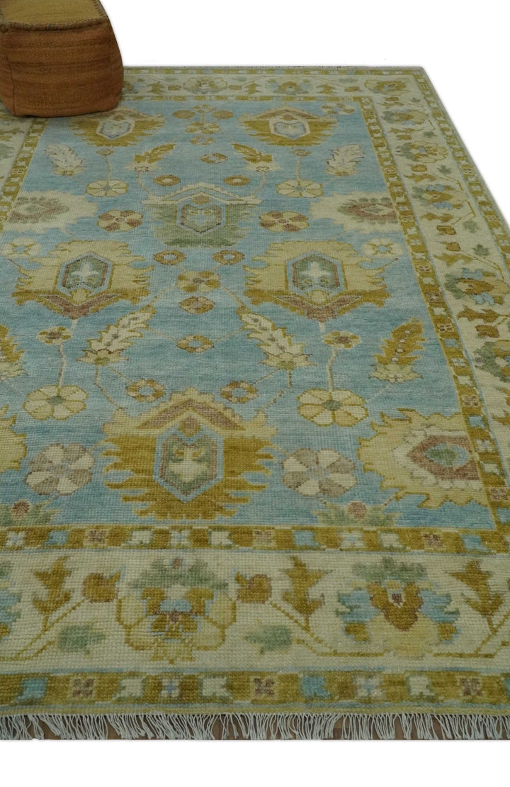 Traditional Floral Light Blue, Olive and Beige Hand Knotted 7x10 Oushak Wool Area Rug - The Rug Decor