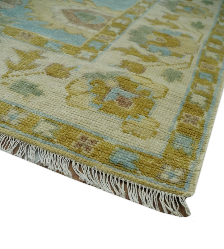 Traditional Floral Light Blue, Olive and Beige Hand Knotted 7x10 Oushak Wool Area Rug - The Rug Decor