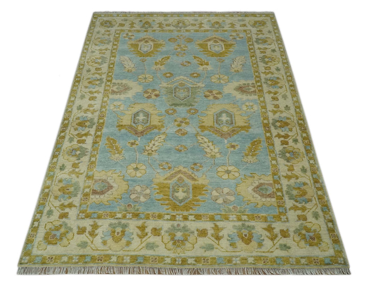 Traditional Floral Light Blue, Olive and Beige Hand Knotted 7x10 Oushak Wool Area Rug - The Rug Decor