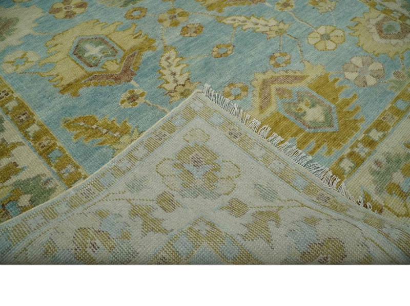 Traditional Floral Light Blue, Olive and Beige Hand Knotted 7x10 Oushak Wool Area Rug - The Rug Decor