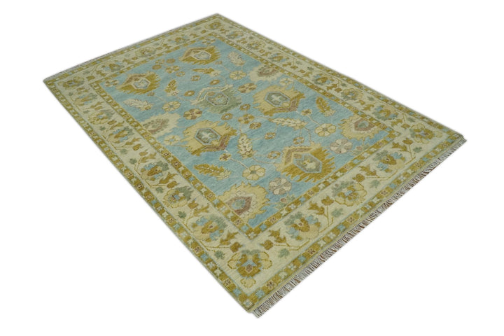 Traditional Floral Light Blue, Olive and Beige Hand Knotted 7x10 Oushak Wool Area Rug - The Rug Decor