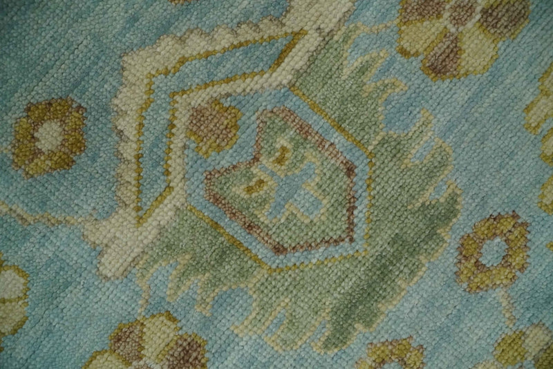 Traditional Floral Light Blue, Olive and Beige Hand Knotted 7x10 Oushak Wool Area Rug - The Rug Decor