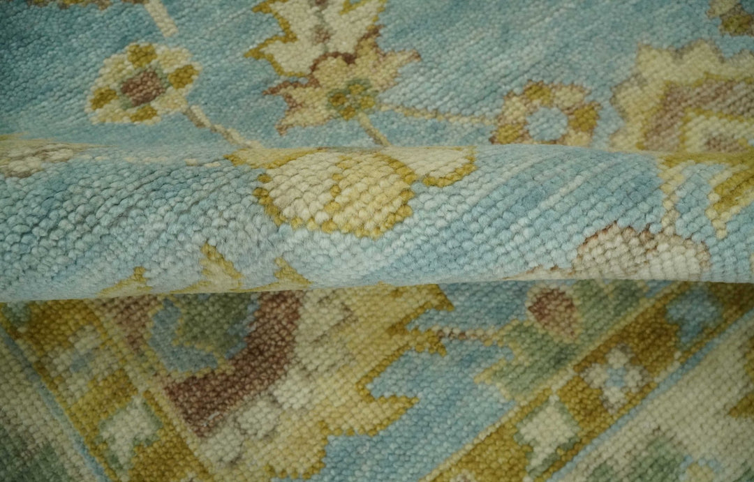 Traditional Floral Light Blue, Olive and Beige Hand Knotted 7x10 Oushak Wool Area Rug - The Rug Decor