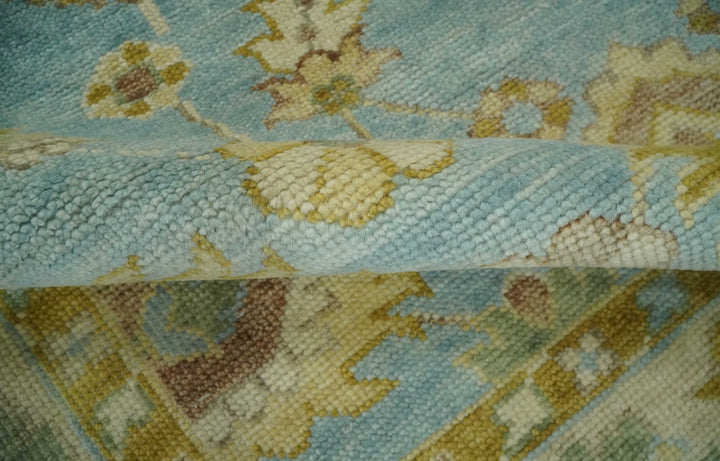 Traditional Floral Light Blue, Olive and Beige Hand Knotted 7x10 Oushak Wool Area Rug - The Rug Decor