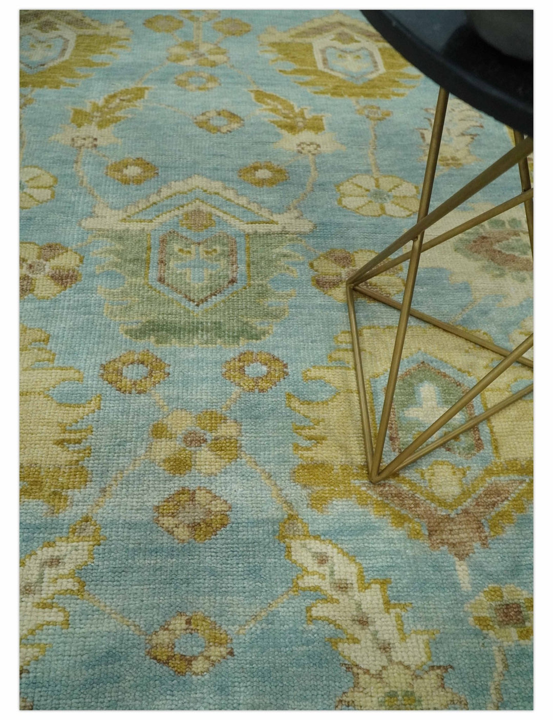 Traditional Floral Light Blue, Olive and Beige Hand Knotted 7x10 Oushak Wool Area Rug - The Rug Decor