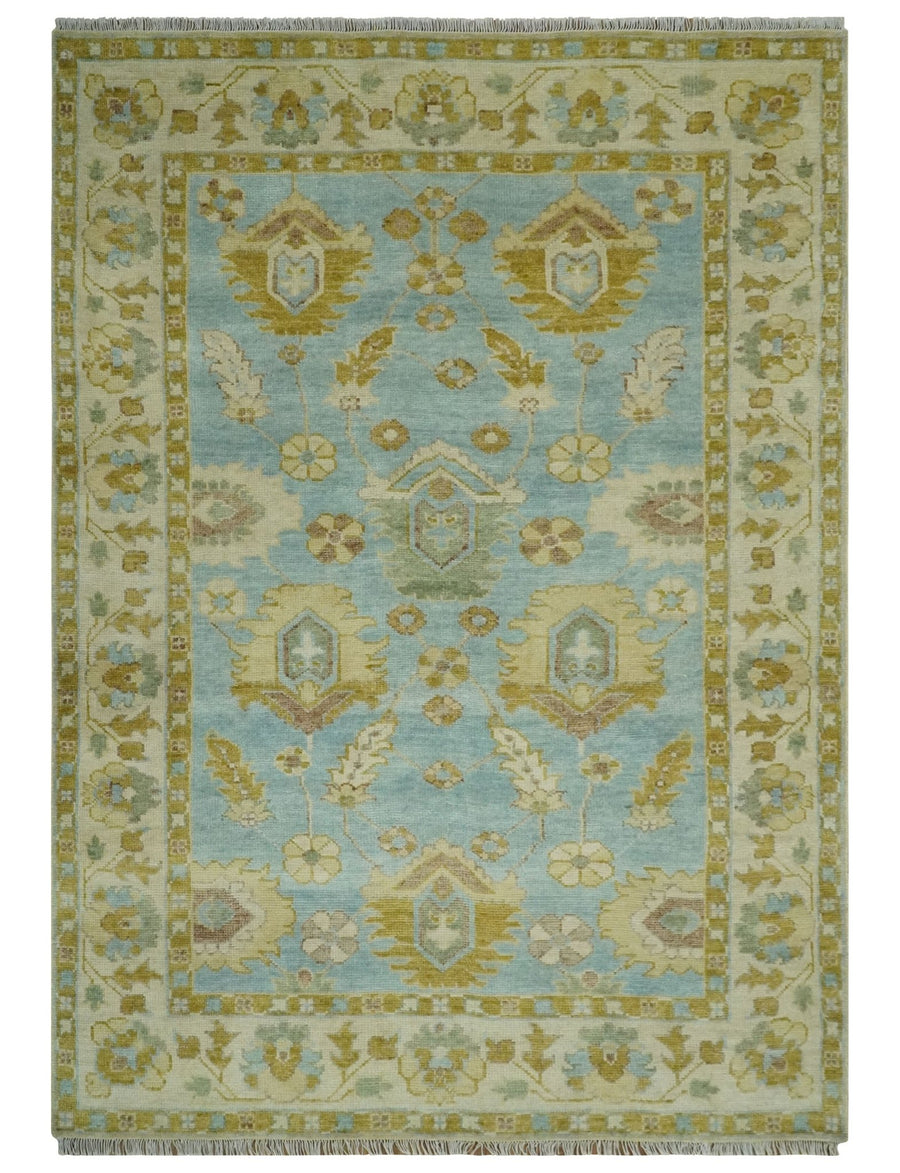 Traditional Floral Light Blue, Olive and Beige Hand Knotted 7x10 Oushak Wool Area Rug - The Rug Decor