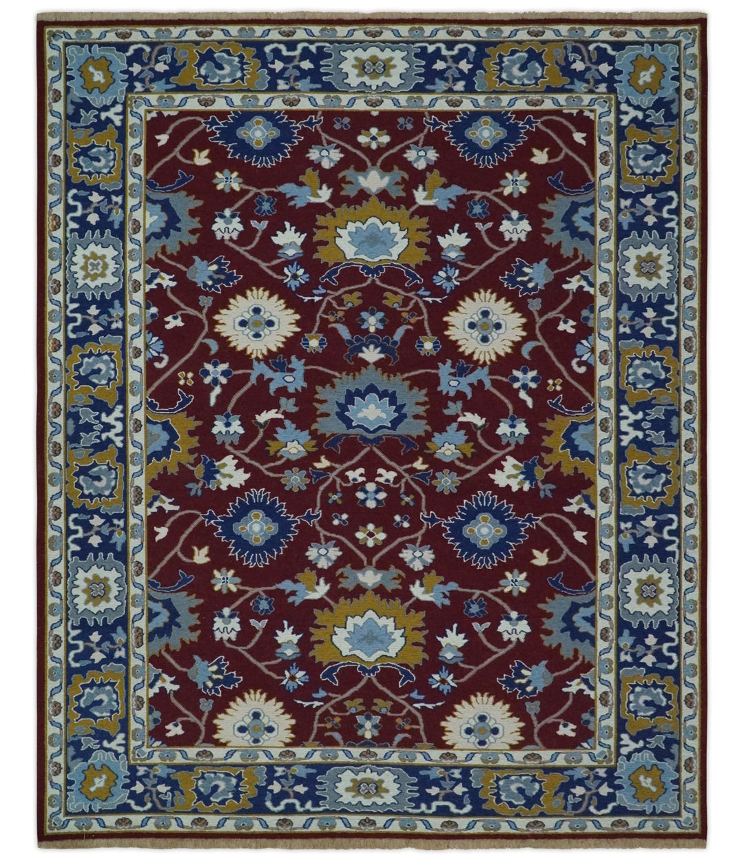 Traditional Floral Maroon, Blue, Ivory and Mustard Hand-Knotted Sumac Weave oriental Oushak 8x10 wool Rug - The Rug Decor