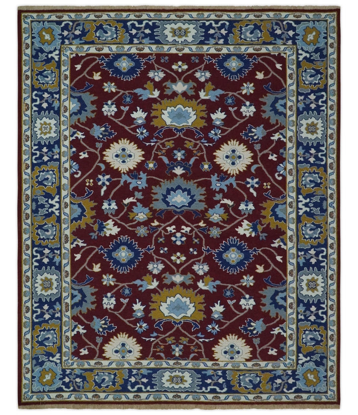 Traditional Floral Maroon, Blue, Ivory and Mustard Hand-Knotted Sumac Weave oriental Oushak 8x10 wool Rug - The Rug Decor