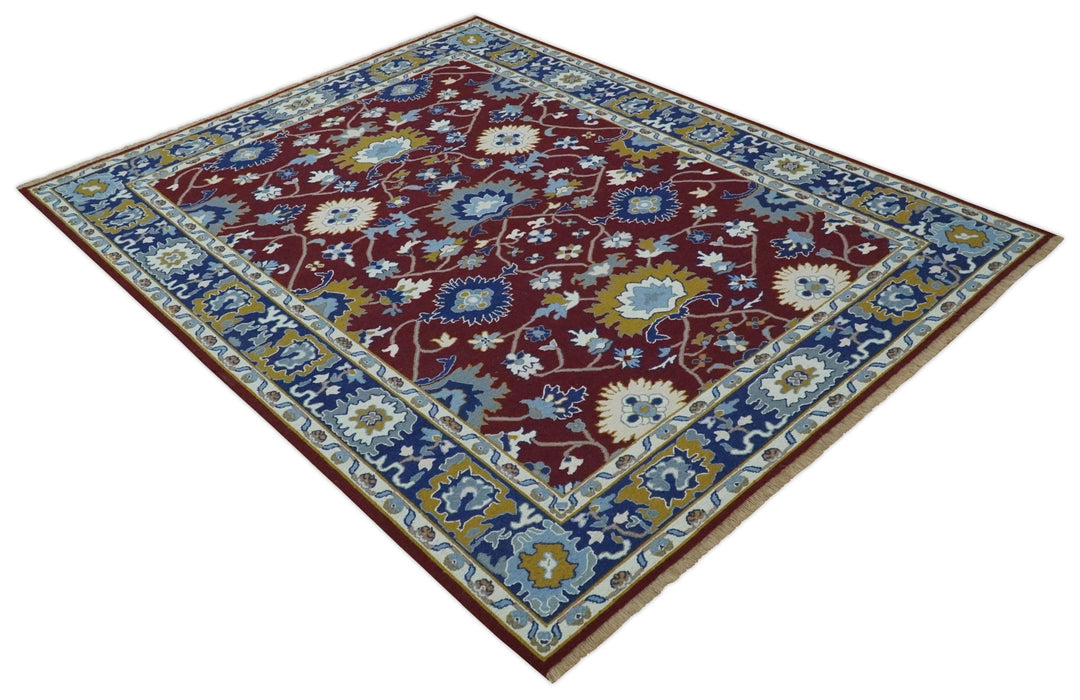 Traditional Floral Maroon, Blue, Ivory and Mustard Hand-Knotted Sumac Weave oriental Oushak 8x10 wool Rug - The Rug Decor