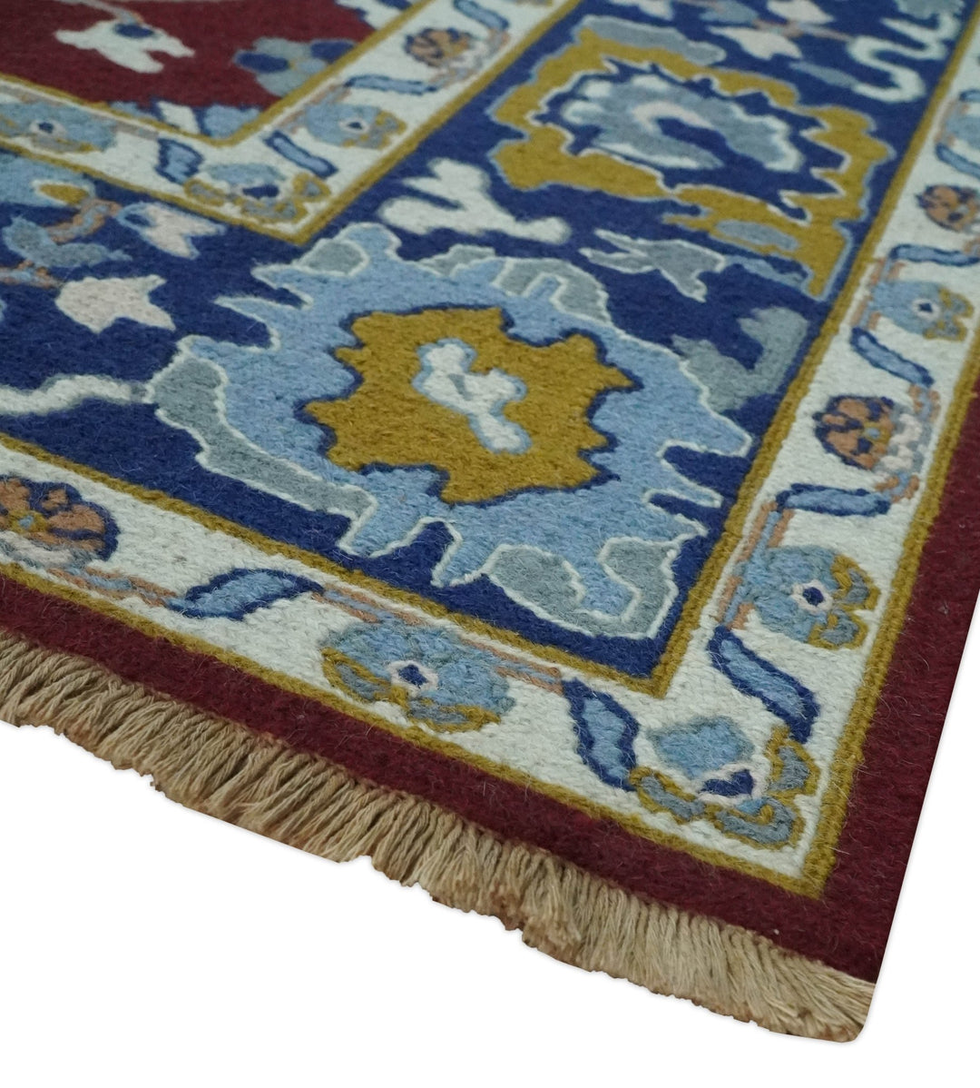Traditional Floral Maroon, Blue, Ivory and Mustard Hand-Knotted Sumac Weave oriental Oushak 8x10 wool Rug - The Rug Decor