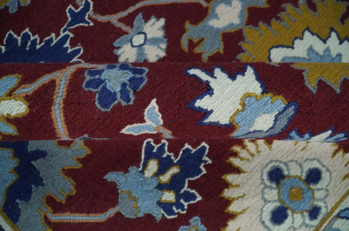 Traditional Floral Maroon, Blue, Ivory and Mustard Hand-Knotted Sumac Weave oriental Oushak 8x10 wool Rug - The Rug Decor