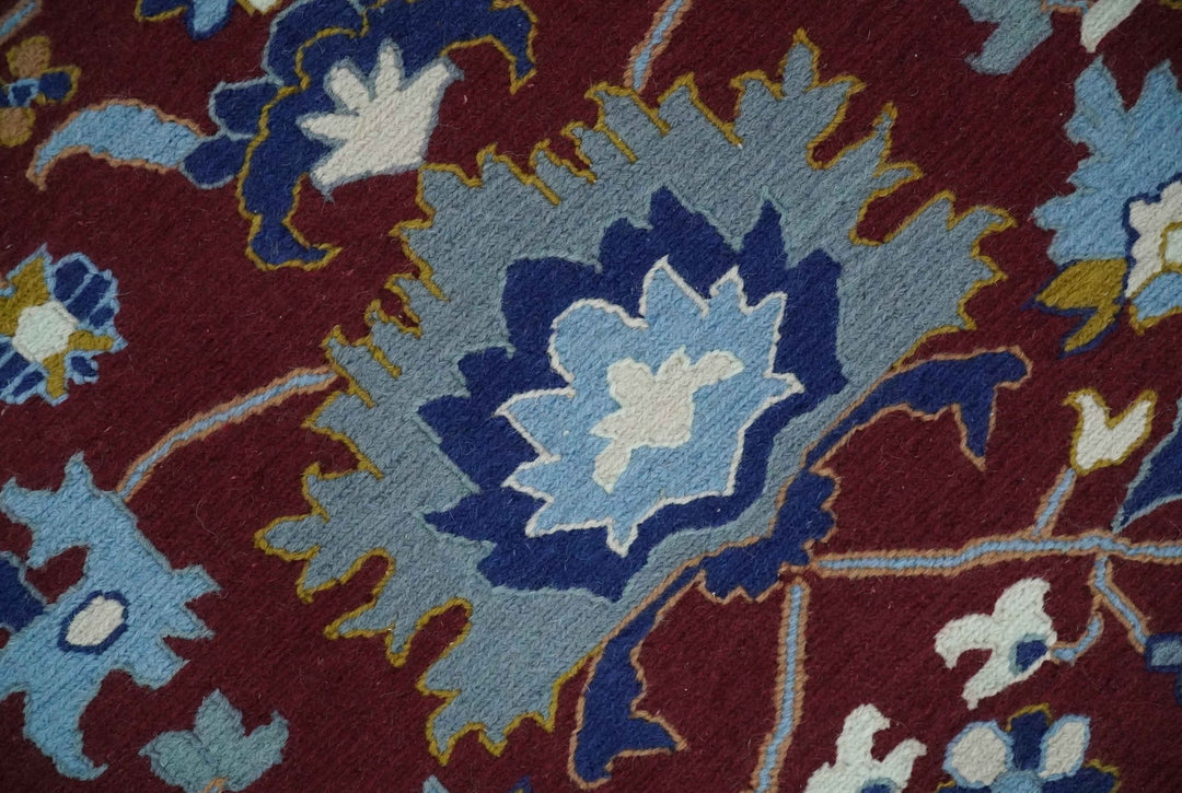 Traditional Floral Maroon, Blue, Ivory and Mustard Hand-Knotted Sumac Weave oriental Oushak 8x10 wool Rug - The Rug Decor