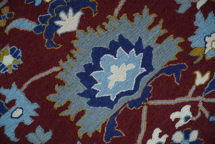 Traditional Floral Maroon, Blue, Ivory and Mustard Hand-Knotted Sumac Weave oriental Oushak 8x10 wool Rug - The Rug Decor