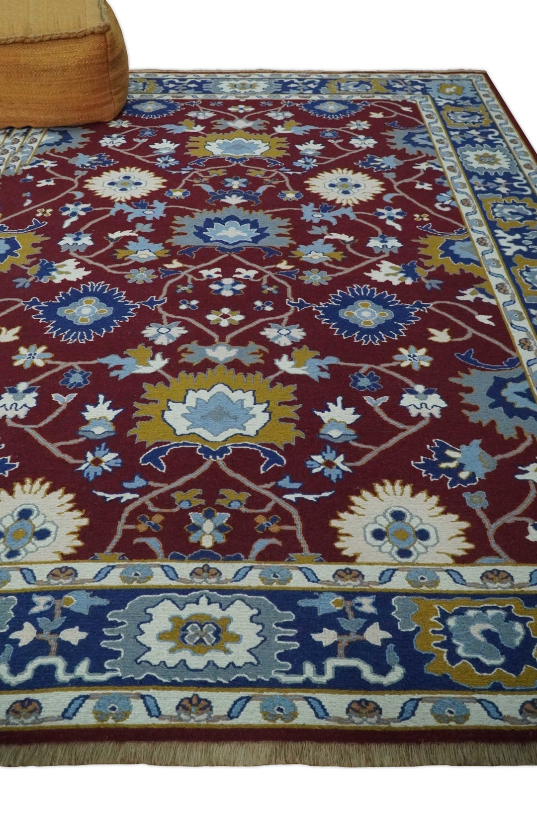 Traditional Floral Maroon, Blue, Ivory and Mustard Hand-Knotted Sumac Weave oriental Oushak 8x10 wool Rug - The Rug Decor