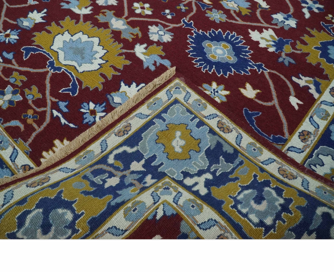 Traditional Floral Maroon, Blue, Ivory and Mustard Hand-Knotted Sumac Weave oriental Oushak 8x10 wool Rug - The Rug Decor