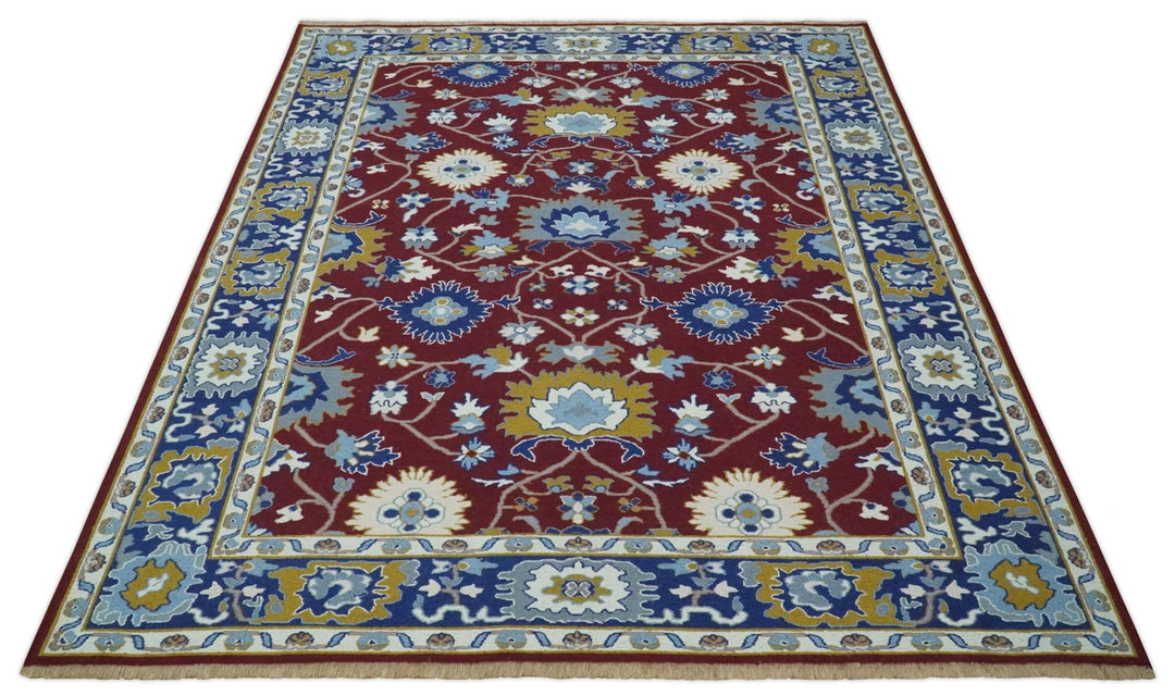 Traditional Floral Maroon, Blue, Ivory and Mustard Hand-Knotted Sumac Weave oriental Oushak 8x10 wool Rug - The Rug Decor
