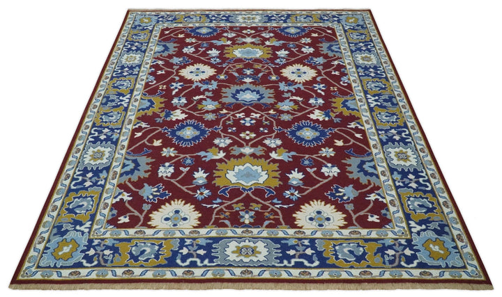 Traditional Floral Maroon, Blue, Ivory and Mustard Hand-Knotted Sumac Weave oriental Oushak 8x10 wool Rug - The Rug Decor