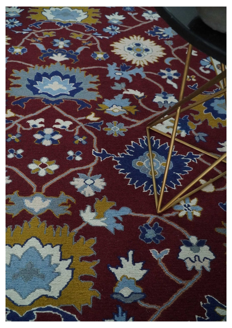 Traditional Floral Maroon, Blue, Ivory and Mustard Hand-Knotted Sumac Weave oriental Oushak 8x10 wool Rug - The Rug Decor