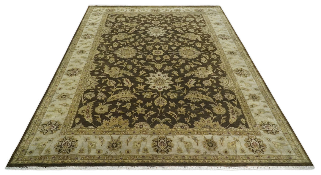 Traditional Floral Olive and Brown Hand knotted Oushak 9.7x13.11 wool Area Rug - The Rug Decor