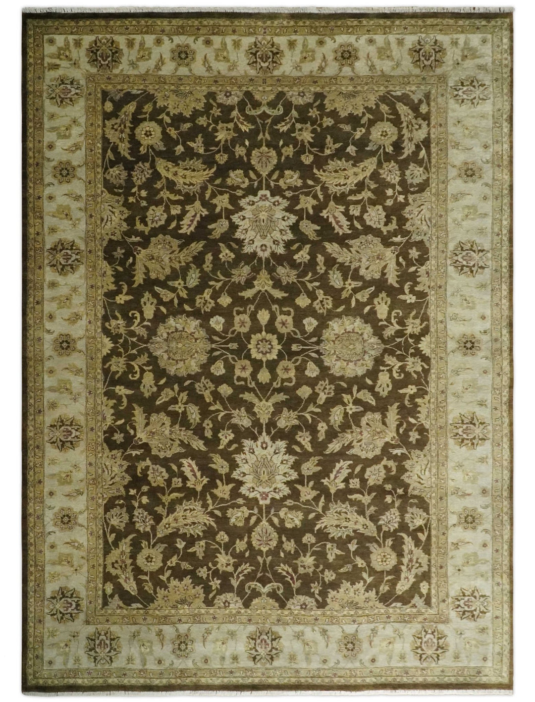 Traditional Floral Olive and Brown Hand knotted Oushak 9.7x13.11 wool Area Rug - The Rug Decor