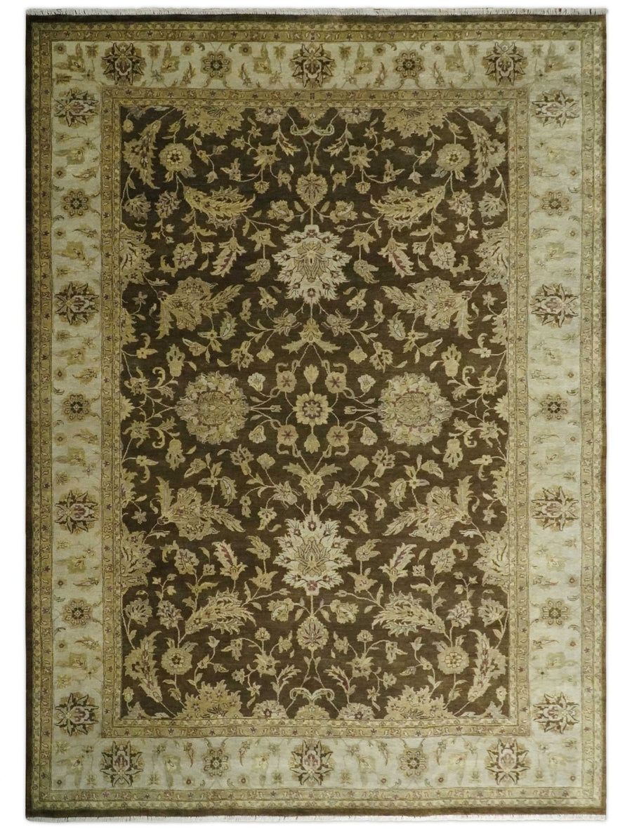 Traditional Floral Olive and Brown Hand knotted Oushak 9.7x13.11 wool Area Rug - The Rug Decor