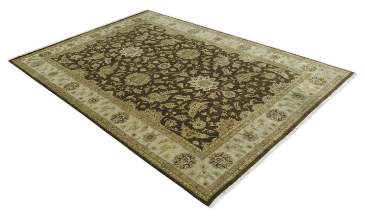 Traditional Floral Olive and Brown Hand knotted Oushak 9.7x13.11 wool Area Rug - The Rug Decor