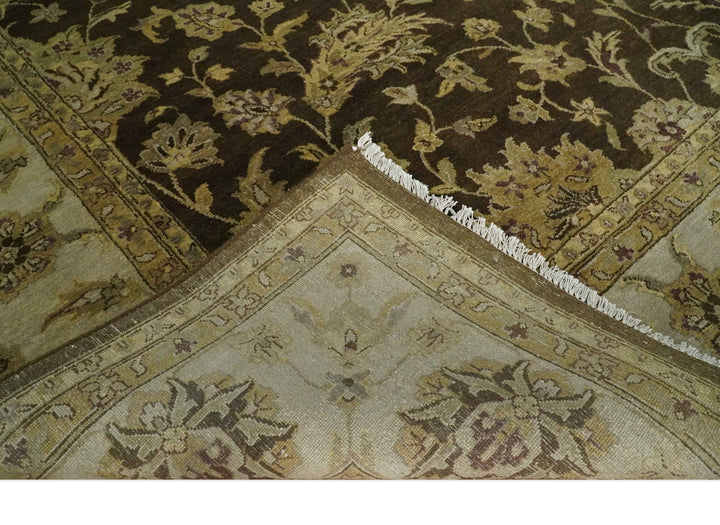 Traditional Floral Olive and Brown Hand knotted Oushak 9.7x13.11 wool Area Rug - The Rug Decor