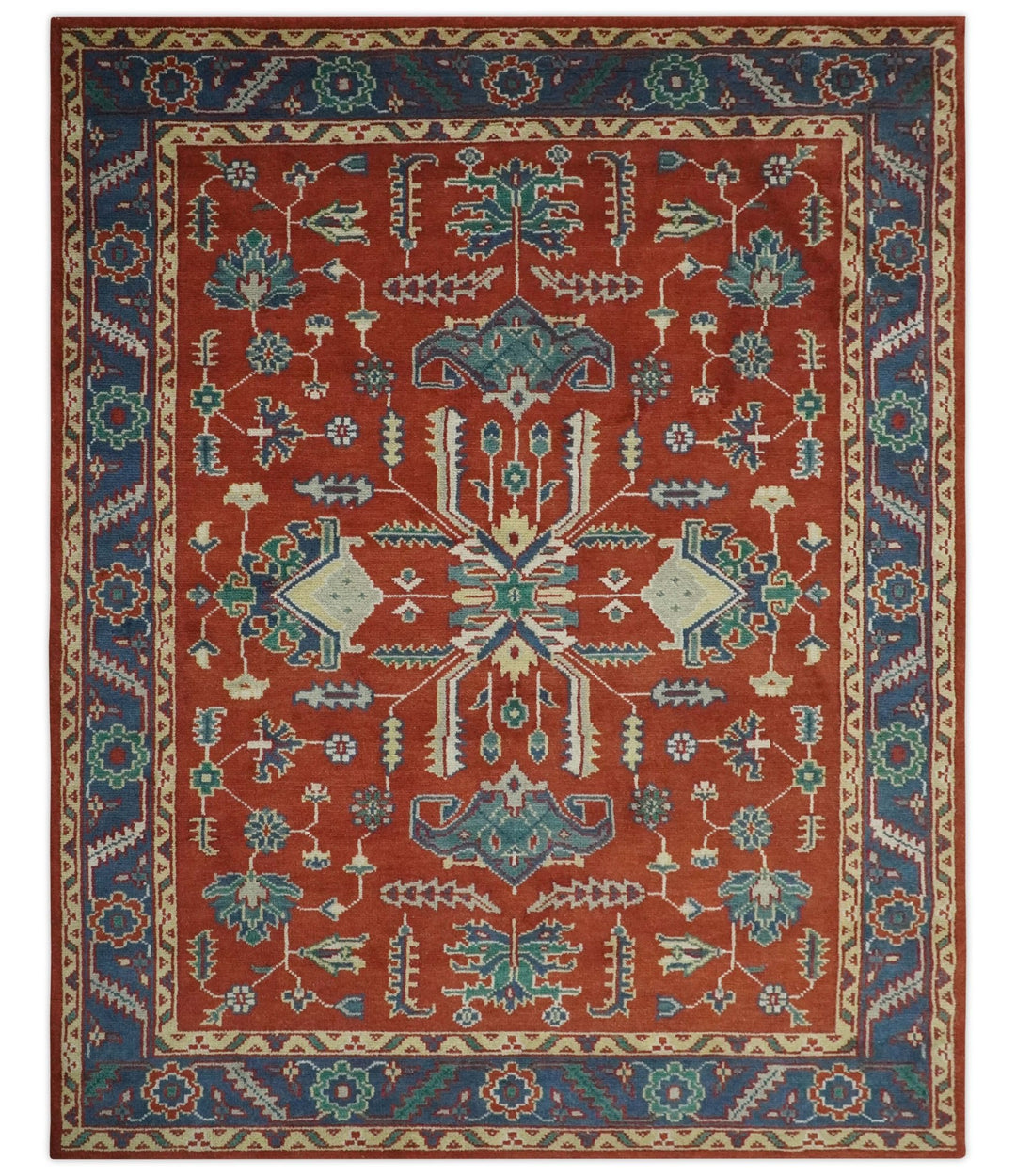 Traditional Floral Red, Blue, Beige and Green Hand Knotted Medallion Custom Made wool Area Rug - The Rug Decor