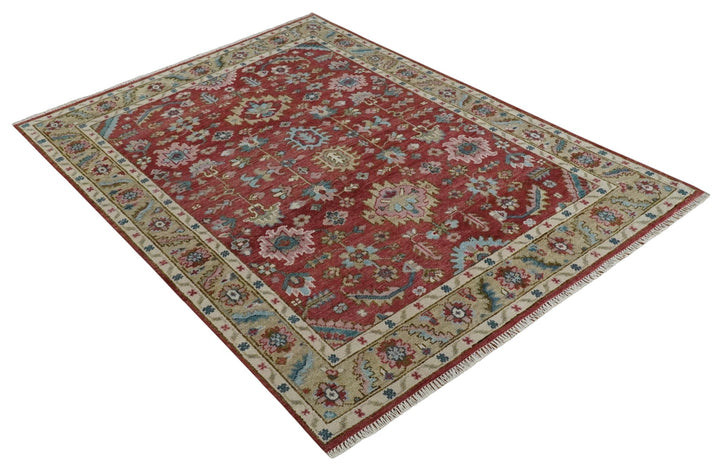 Traditional Floral Rust, Beige and Teal Hand knotted 8x10 Oushak wool Area Rug - The Rug Decor