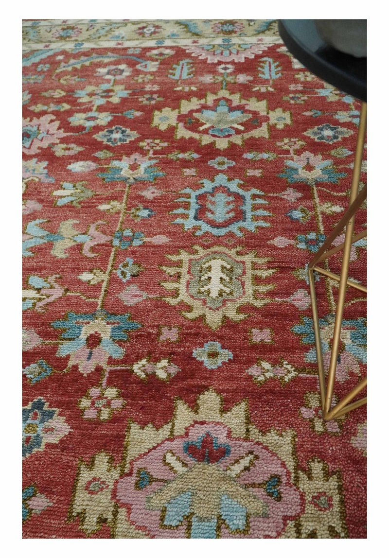 Traditional Floral Rust, Beige and Teal Hand knotted 8x10 Oushak wool Area Rug - The Rug Decor