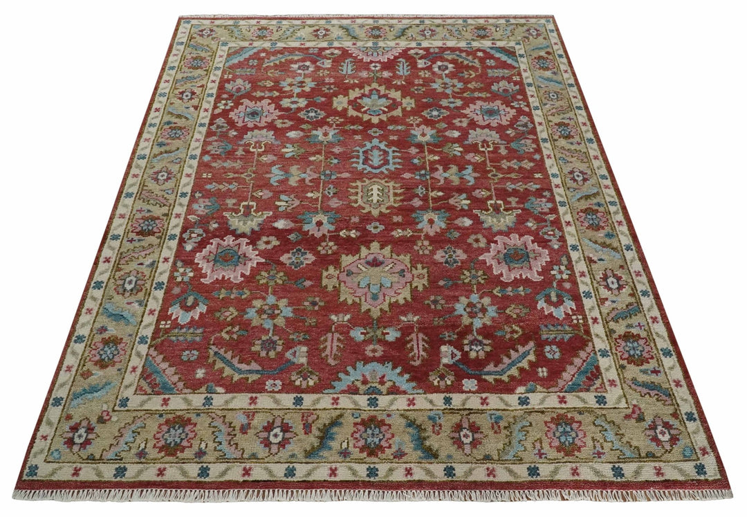 Traditional Floral Rust, Beige and Teal Hand knotted 8x10 Oushak wool Area Rug - The Rug Decor
