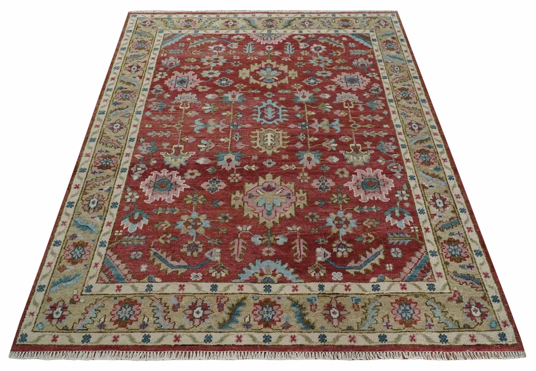 Traditional Floral Rust, Beige and Teal Hand knotted Oushak wool Rug ...