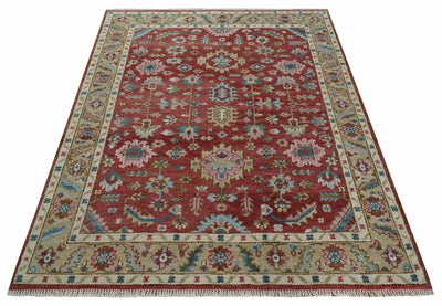 Traditional Floral Rust, Beige and Teal Hand knotted 8x10 Oushak wool Area Rug - The Rug Decor