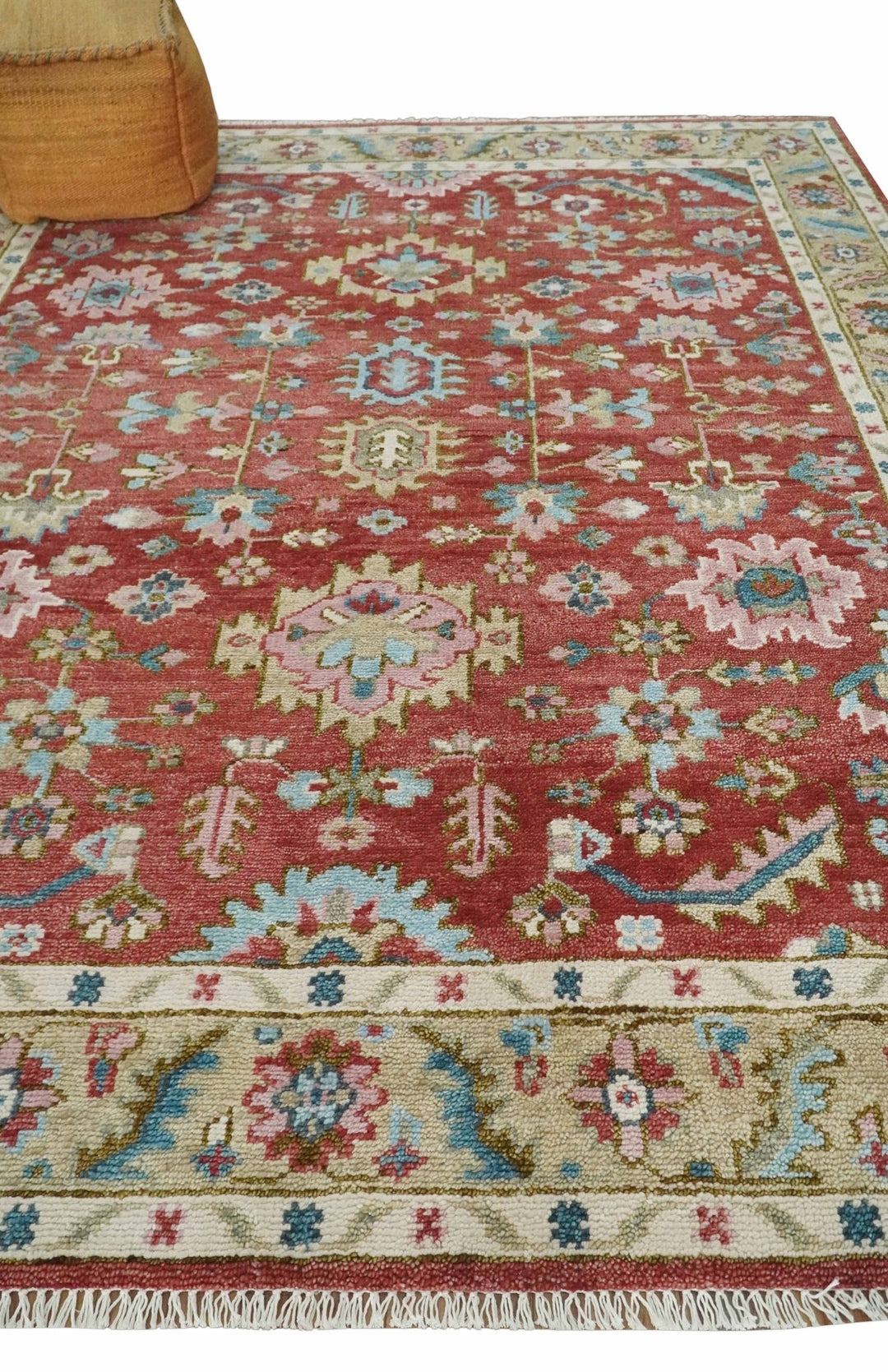 Traditional Floral Rust, Beige and Teal Hand knotted 8x10 Oushak wool Area Rug - The Rug Decor