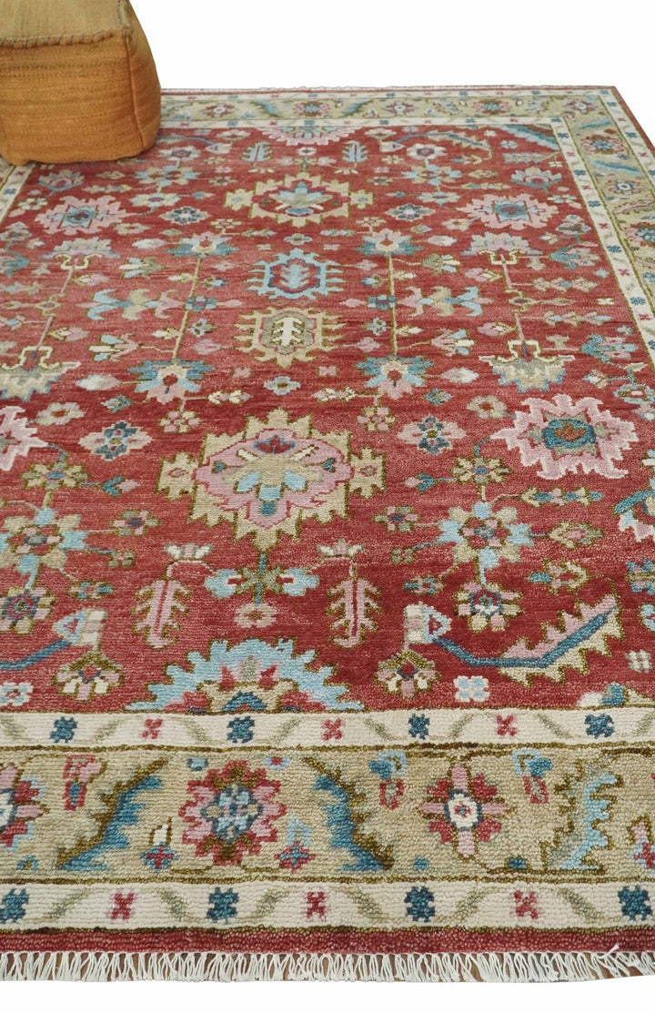 Traditional Floral Rust, Beige and Teal Hand knotted 8x10 Oushak wool Area Rug - The Rug Decor
