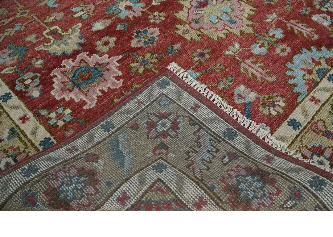 Traditional Floral Rust, Beige and Teal Hand knotted 8x10 Oushak wool Area Rug - The Rug Decor