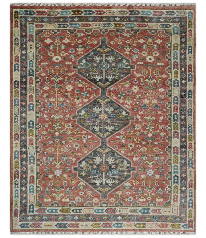 Traditional Floral Rust, Charcoal and Ivory Hand knotted 8x10 wool Area Rug - The Rug Decor
