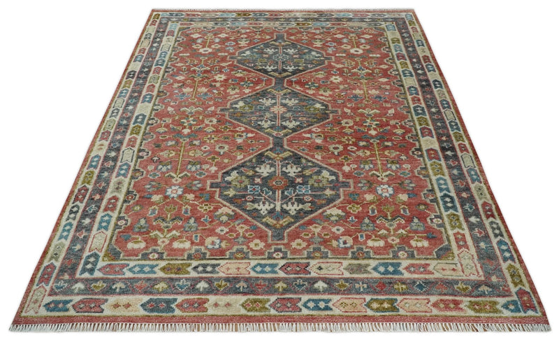 Traditional Floral Rust, Charcoal and Ivory Hand knotted 8x10 wool Area Rug - The Rug Decor