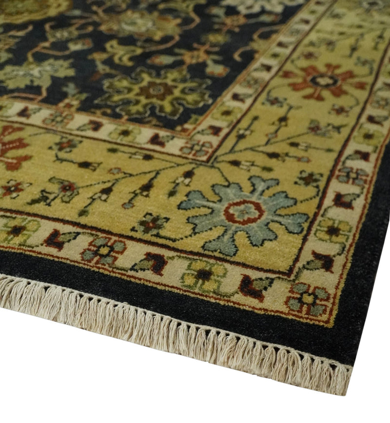 Traditional Floral Vintage Style Black and Olive Hand knotted 8x10 wool area Rug - The Rug Decor