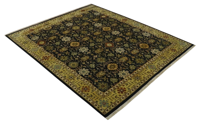 Traditional Floral Vintage Style Black and Olive Hand knotted 8x10 wool area Rug - The Rug Decor