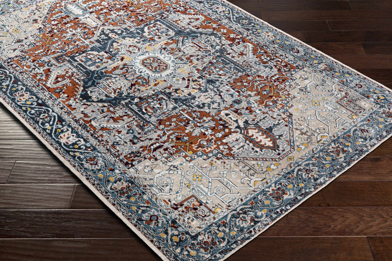 Traditional Floral Vintage Style Blue, Rust, Beige and Ivory Washable Rug - The Rug Decor