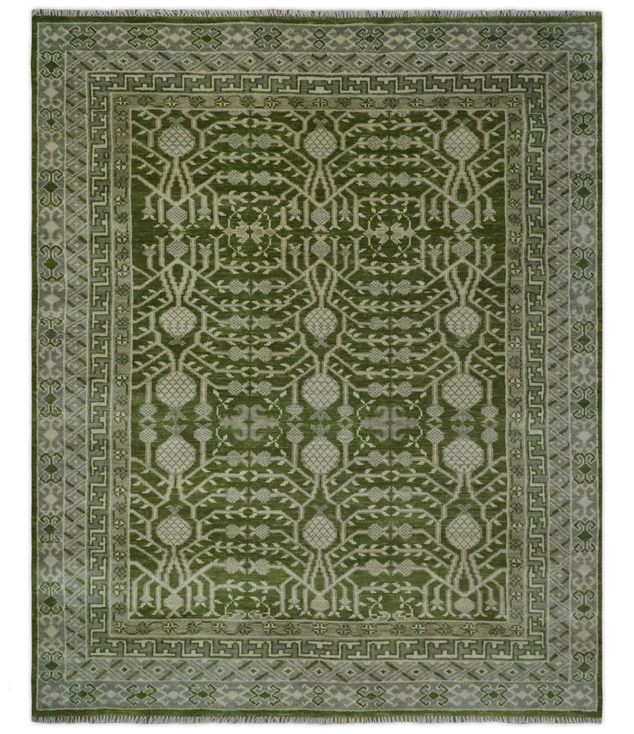 Traditional Hand knotted Royal Green and Ivory Turkish Design wool Area Rug - The Rug Decor