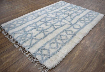 Traditional Hand Made New Zealand Wool Light Blue Moroccan 4' x 6' Rug | The Rug Decor | TRD171446 - The Rug Decor