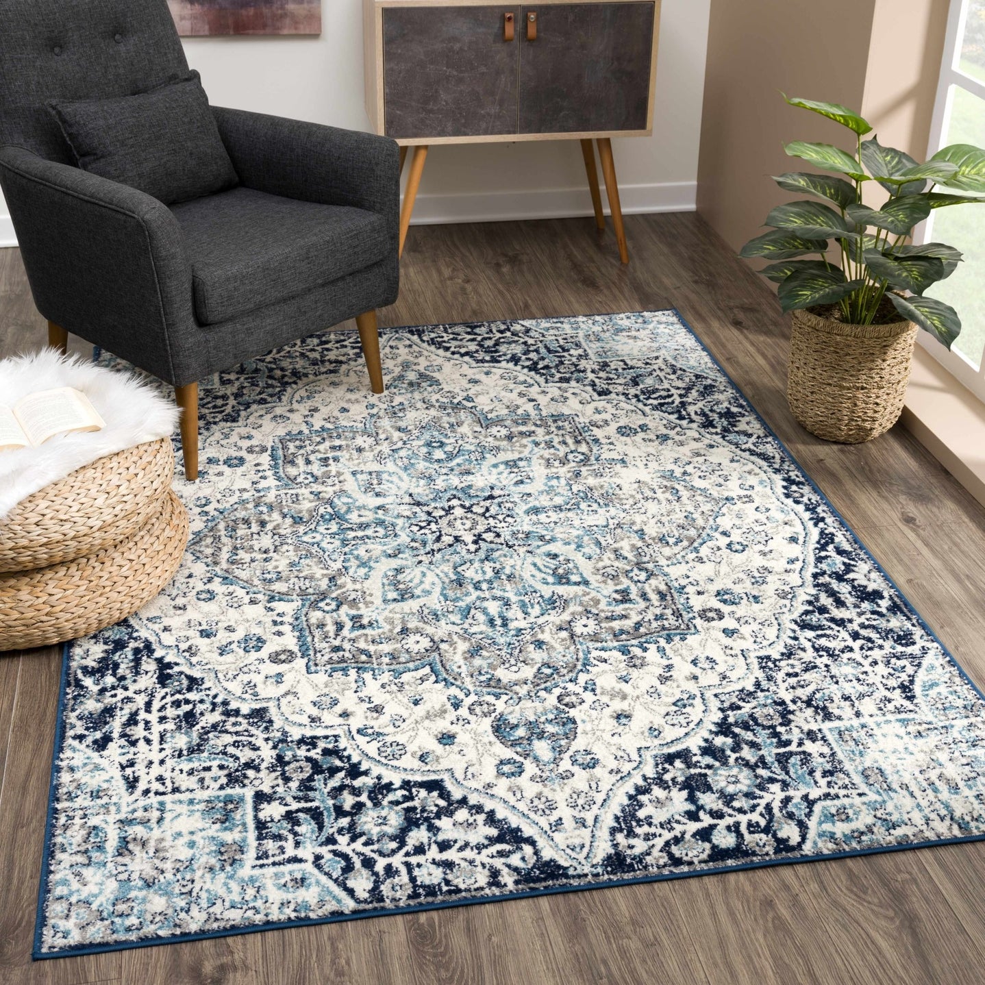 Traditional Heriz Beige, Blue and Gray Premium look Medallion Area Rug - The Rug Decor
